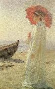 Laurits Tuxen nina, kunstnerens datter, pa stranden Sweden oil painting artist